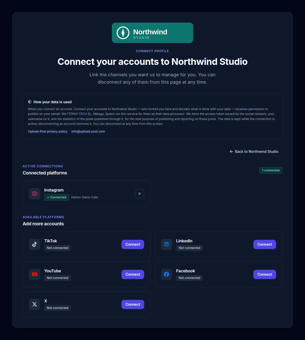 Dieselbe White-Label-Verbindungsseite von Upload-Post, mit connect_theme auf dunkel erzwungen, mit dem Logo von Northwind Studio und ohne Theme-Schalter