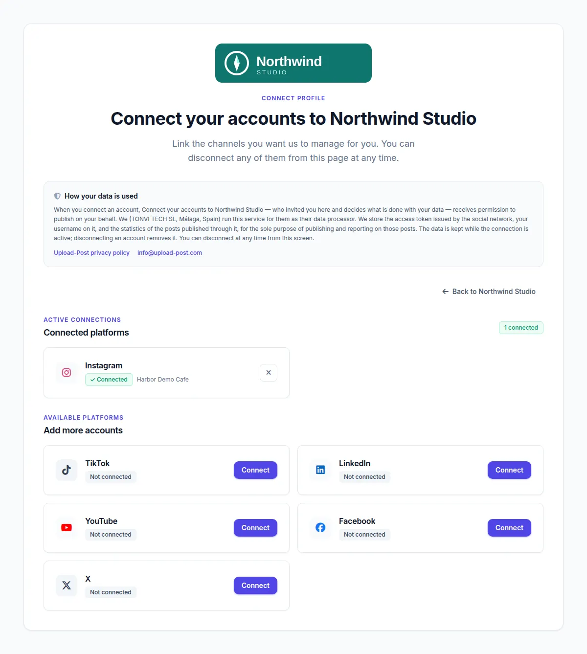 White-Label-Verbindungsseite von Upload-Post im hellen Theme mit dem Logo von Northwind Studio, eigenem Titel und eigener Beschreibung, einem Button Back to Northwind Studio und nur sechs Netzwerken: Instagram verbunden, TikTok, LinkedIn, YouTube, Facebook und X bereit zum Verbinden