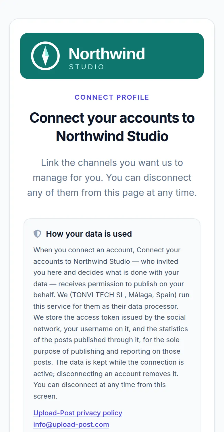 White-Label-Verbindungsseite von Upload-Post auf dem Smartphone mit dem Logo von Northwind Studio, Titel, Datenschutzhinweis, Zurück-Button und einem verbundenen Instagram-Konto