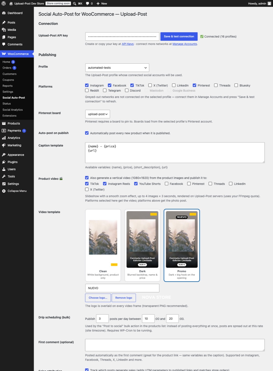 Plugin settings inside WordPress: one-click connection, platform selection and video templates