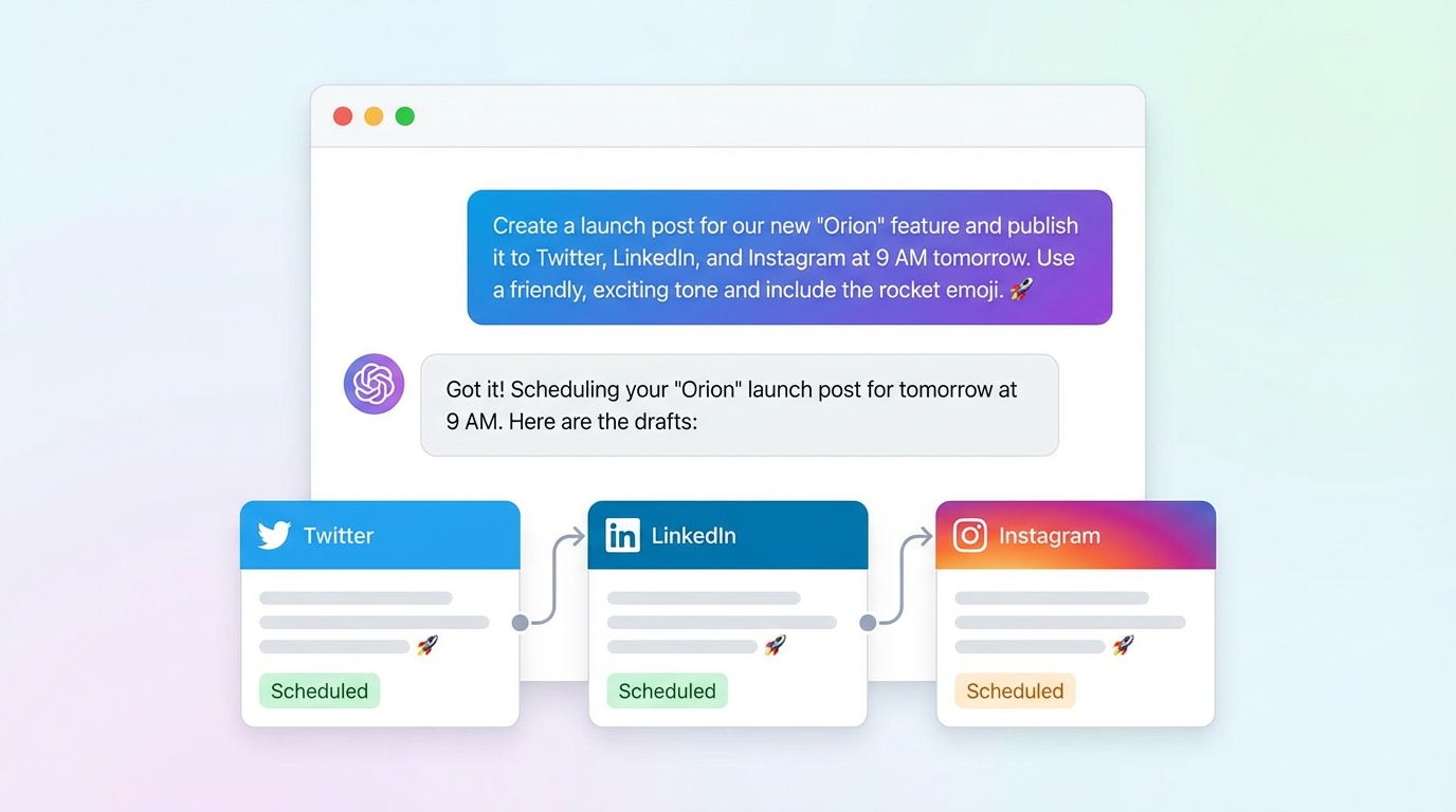 Chat conversation with an AI agent processing a command to publish video to social media