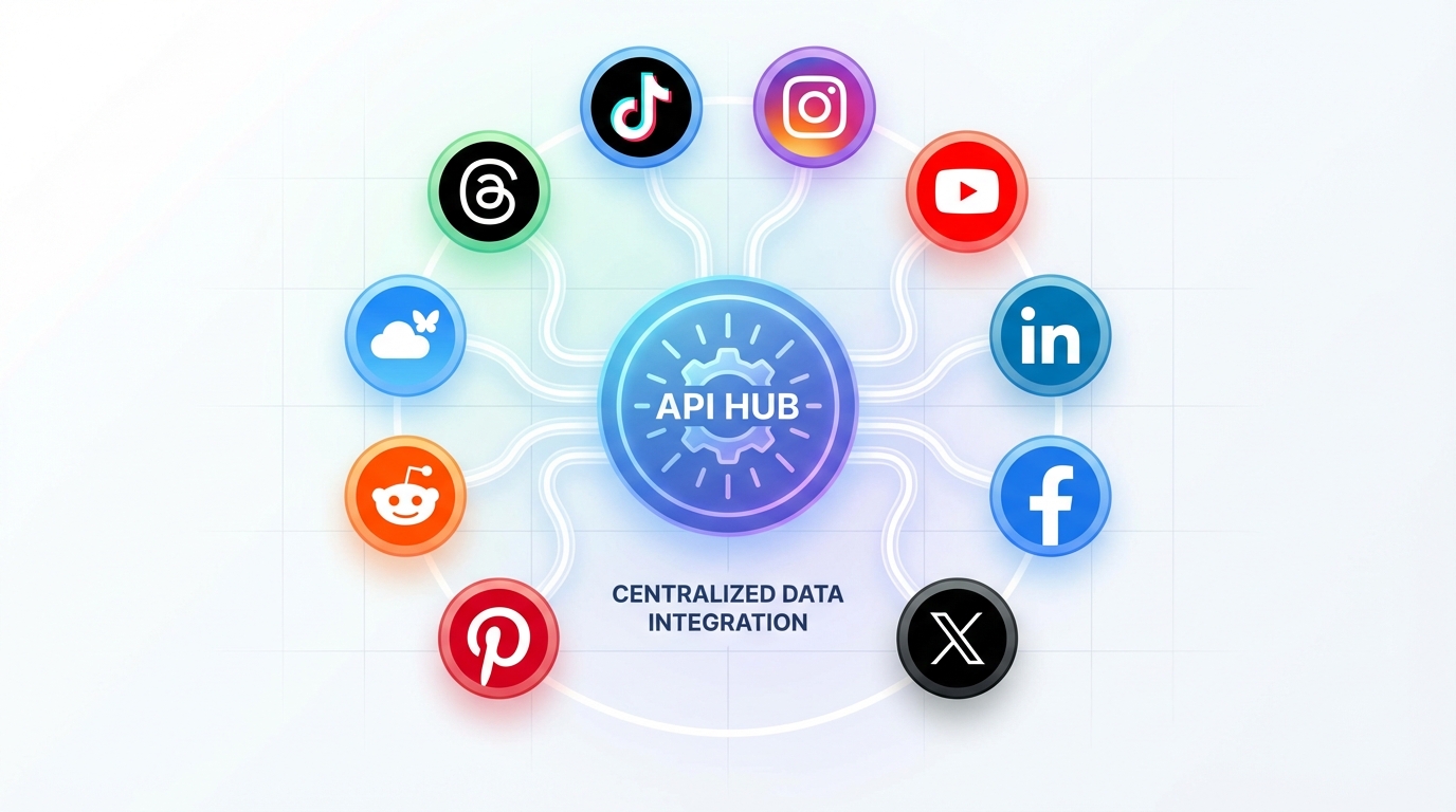 Social media platform icons connected to a central AI brain node